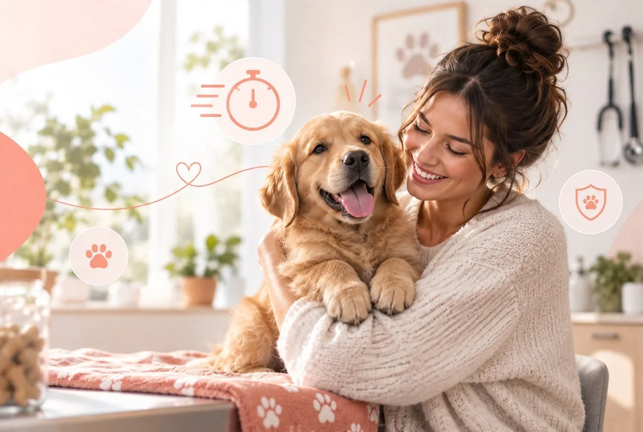 Owner holding a golden-colored dog at home